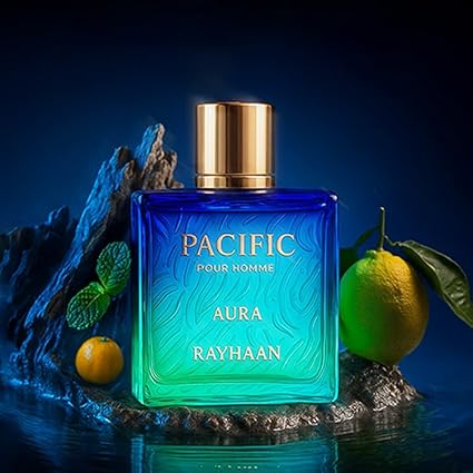Rayhaan Pacific Aura - Citrus, Aromatic, Mint, Amber, Fresh - Eau de Parfum Spray for Men, 3.4 Ounce / 100 ml