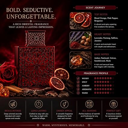 Crimson – Warm Spicy Amber Woody Eau De Parfum Spray for Unisex, Long Lasting Fragrance, 3.4 Ounce / 100 ml