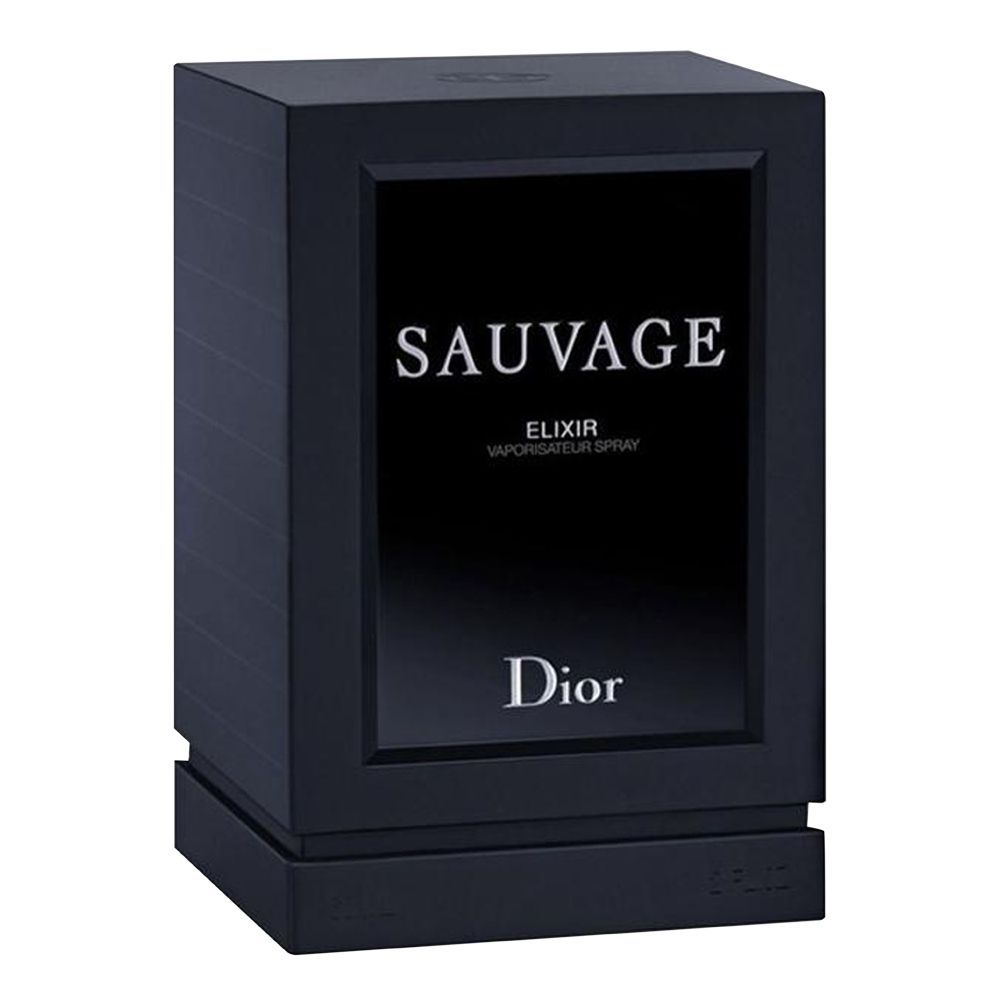 Dior Sauvage Elixir perfume bottle and packaging on a gray background