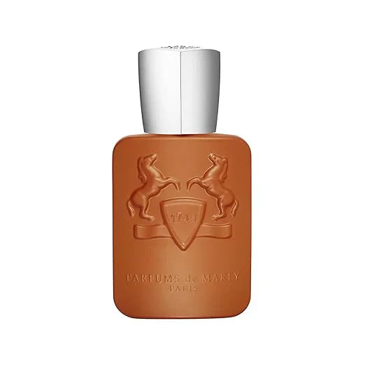 Brown perfume bottle with silver cap on a white background