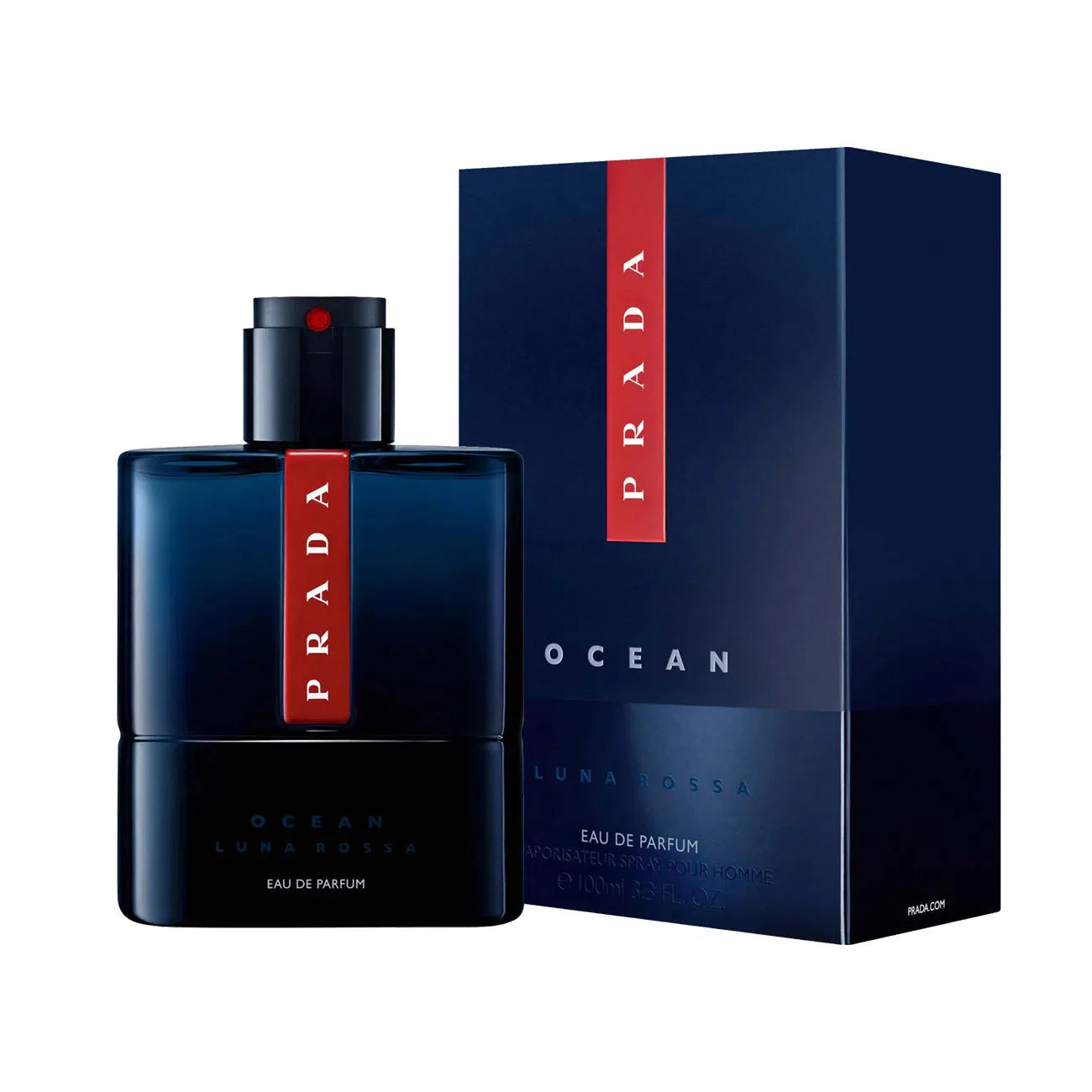 Prada Luna Rossa Ocean Eau de Parfum bottle and packaging on a white background